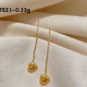 18K Saudi Gold TE21 Textured Diamond-Cut Heart Threader Earrings (0.33g)